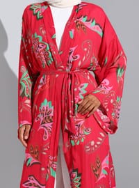 Unlined - Floral - Fuchsia - Green - V neck Collar - Kimono