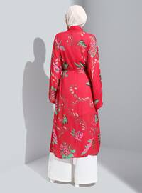 Unlined - Floral - Fuchsia - Green - V neck Collar - Kimono