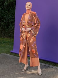 Unlined - Floral - Brown - Orange - V neck Collar - Kimono