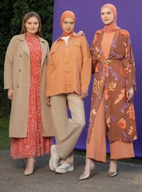 Unlined - Floral - Brown - Orange - V neck Collar - Kimono