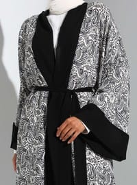 Unlined - Floral - Black - White - V neck Collar - Kimono