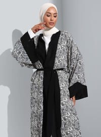Unlined - Floral - Black - White - V neck Collar - Kimono