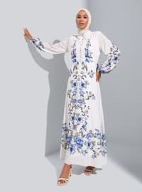 Beige - Blue - Floral - Button Collar - Unlined - Modest Dress