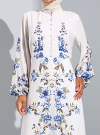 Beige - Blue - Floral - Button Collar - Unlined - Modest Dress