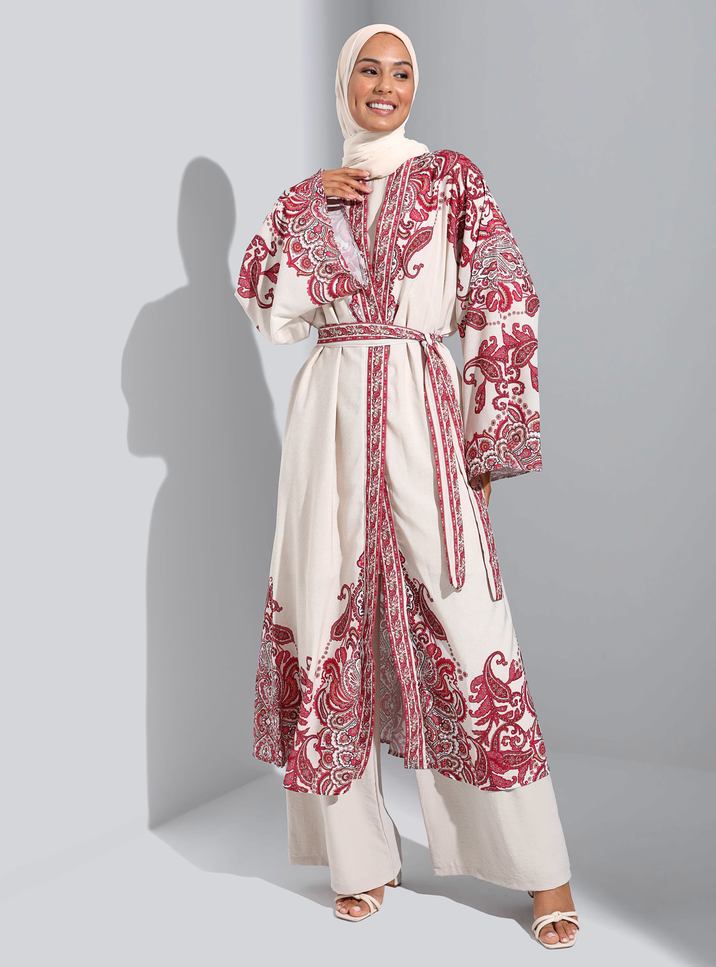 Unlined - Shawl - Cherry Color - V neck Collar - Kimono