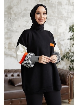 Aren Sleeve Ethnic Pattern Sweater Black