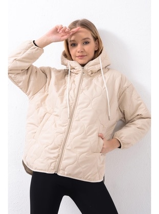 Women's Miflon Lined Beige Hooded Pocket Coat Pmck25503