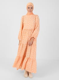 Orange - Polka Dot - Crew neck - Unlined - Modest Dress