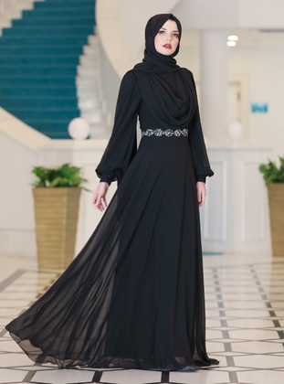 Black - Unlined - Crew neck - Modest Evening Dress - Ahunisa