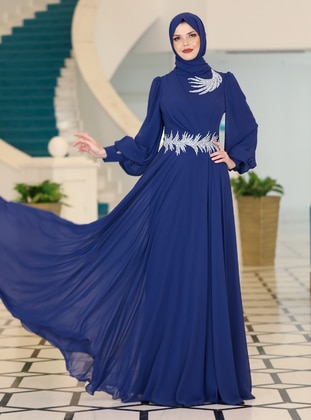 Navy Blue - Unlined - Crew neck - Modest Evening Dress - Ahunisa