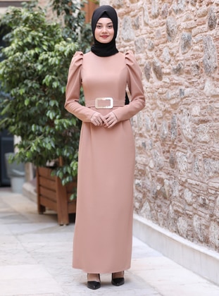 Camel - Unlined - Crew neck - Modest Evening Dress - Azra Design