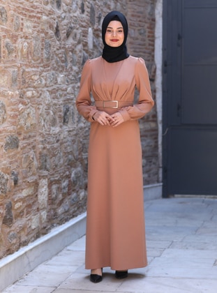 Camel - Unlined - Crew neck - Modest Evening Dress - Azra Design