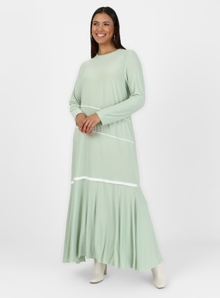 Green - Unlined - Crew neck - Plus Size Dress - Alia