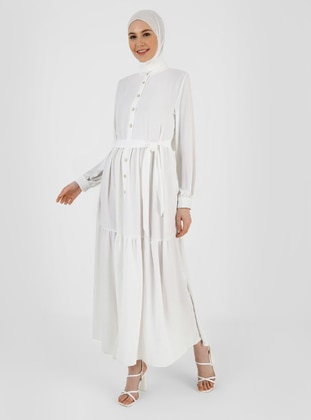 White - Crew neck - Unlined - Modest Dress - Refka