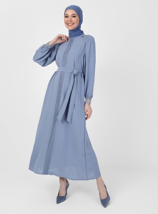 Lace Collar And Sleeve Ends Modest Dress Cold Blue