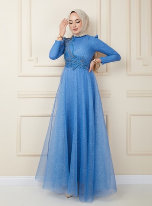 Lace And Bead Detailed Silvery Tulle Hijab Evening Dress Blue