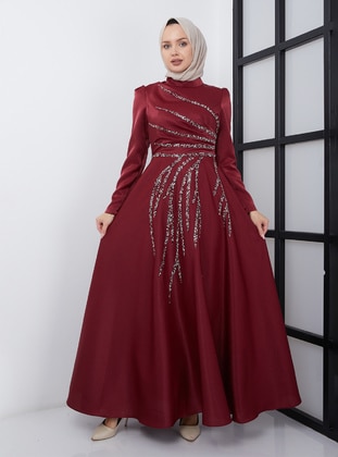 Crepe Satin Hijab Evening Dress Burgundy With Flounce And Stone Detail