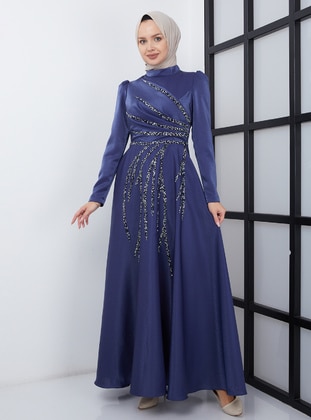 Crepe Satin Hijab Evening Dress Navy Blue With Flounce And Stone Detail