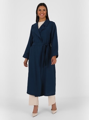 Navy Blue - Unlined - Shawl Collar - Plus Size Topcoat - Alia