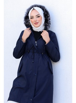 Belt Detailed Double Pocket Hooded Hijab Coat Navy Blue