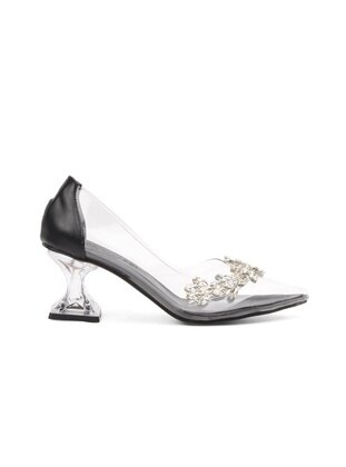 Park Moda K001 Black  Stone Detailed Transparent Women's High Heel Shoes Black