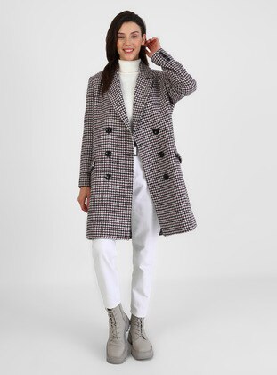 Houndstooth Patterned Button Detailed Coat Black Purple
