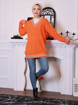 Striped V-Neck Sweater Tunic Orange