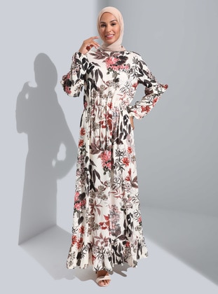 Ecru - Lilac - Floral - Crew neck - Unlined - Modest Dress - Refka