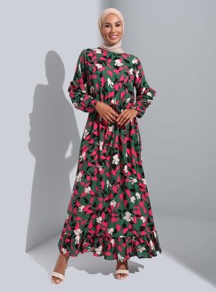 Fuchsia - Green - Floral - Crew neck - Unlined - Modest Dress - Refka