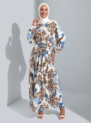 Brown - Blue - Floral - Crew neck - Unlined - Modest Dress - Refka