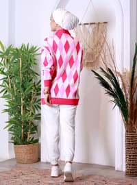 Checkered Sweater Cardigan Fuchsia