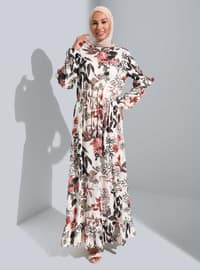 Ecru - Lilac - Floral - Crew neck - Unlined - Modest Dress