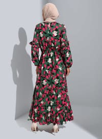Fuchsia - Green - Floral - Crew neck - Unlined - Modest Dress