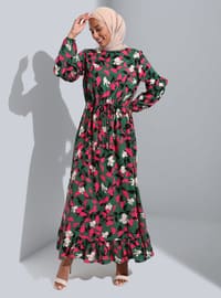Fuchsia - Green - Floral - Crew neck - Unlined - Modest Dress