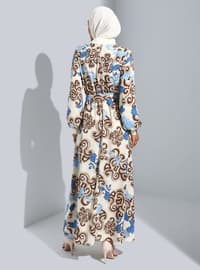 Brown - Blue - Floral - Crew neck - Unlined - Modest Dress