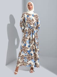Brown - Blue - Floral - Crew neck - Unlined - Modest Dress