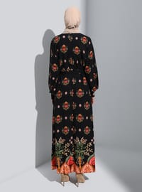 Black - Floral - Crew neck - Unlined - Modest Dress