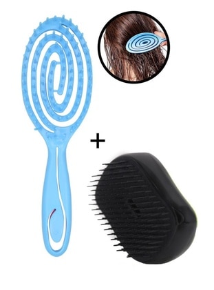 2 Piece Vegan Three-Dimensional Hair Detangling Brush Blue Color + Palm Hair Detangling Comb
