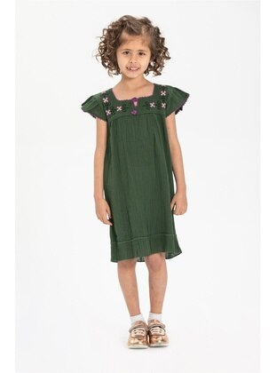 Green - Fully Lined - Cotton - Girls` Dress - ELİŞ ŞİLE BEZİ