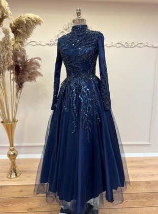 Ebru Çelikkaya Navy Blue Modest Evening Dress