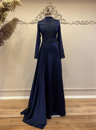 Ebru Çelikkaya Navy Blue Modest Evening Dress