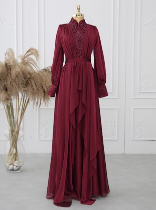 Ebru Çelikkaya Maroon Modest Evening Dress