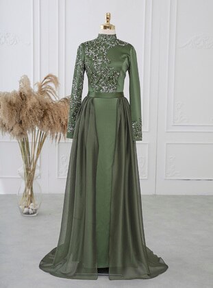 Ebru Çelikkaya Khaki Modest Evening Dress