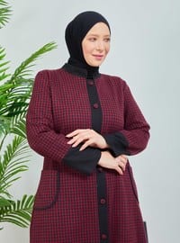Houndstooth Patterned Long Button Down Cape Burgundy