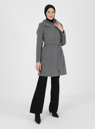 Hooded Coat With Zipper Closure Gray