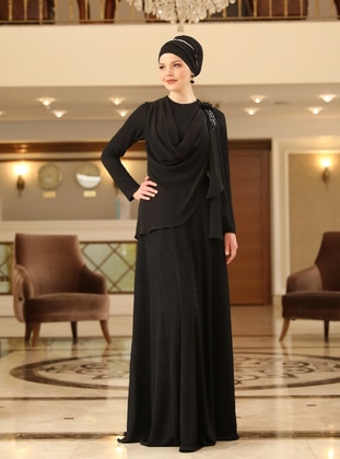 Black - Silvery - Fully Lined - Crew neck - Modest Evening Dress - Ahunisa