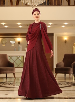 Burgundy - Silvery - Fully Lined - Crew neck - Modest Evening Dress - Ahunisa