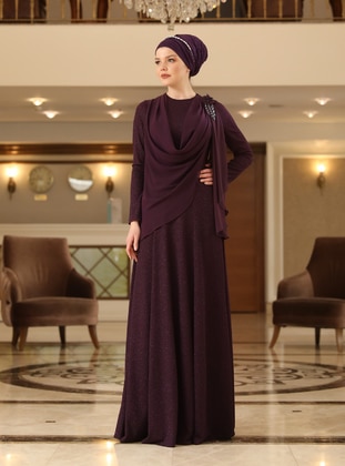 Purple - Silvery - Fully Lined - Crew neck - Modest Evening Dress - Ahunisa