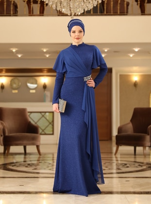 Saxe Blue - Silvery - Fully Lined - Crew neck - Modest Evening Dress - Ahunisa