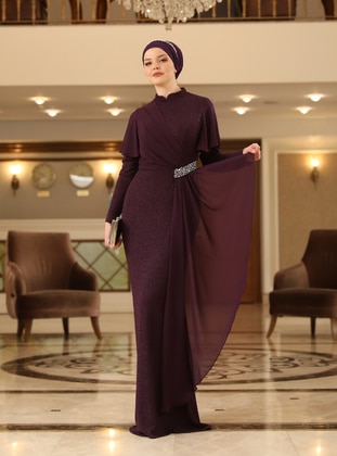 Purple - Silvery - Fully Lined - Crew neck - Modest Evening Dress - Ahunisa
